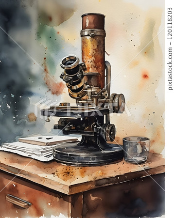 Vintage microscope on wooden table - watercolor painting for art and science enthusiasts Vintage microscope on wooden table - watercolor painting for art and science enthusiasts 120118203