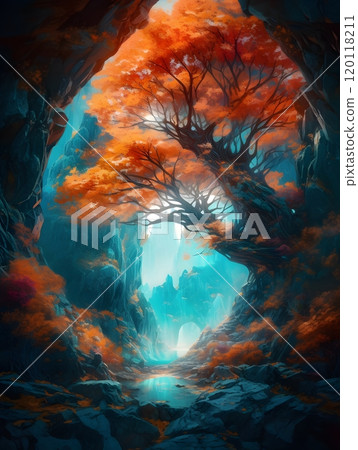 Majestic mountain vista with vibrant tree in enchanting autumn scene 120118211