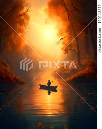 Serene autumn boat ride at sunset on tranquil river Serene autumn boat ride at sunset on tranquil river 120118213