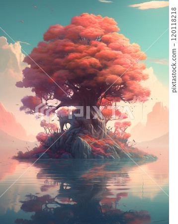 Tranquil fantasy tree on serene water island for nature art prints 120118218