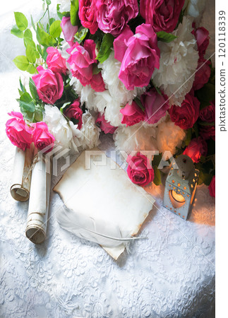 Paper with quill and flowers 120118339