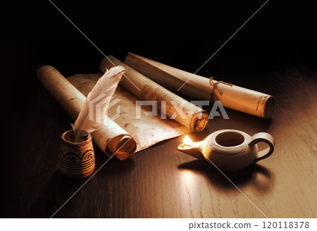 Vintage lamp illuminates old books 120118378