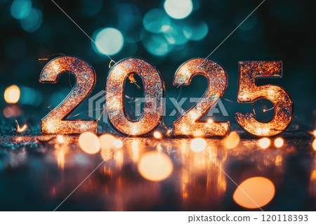 Brightly lit 2025 New Year decoration with lights Brightly lit 2025 New Year decoration with lights 120118393