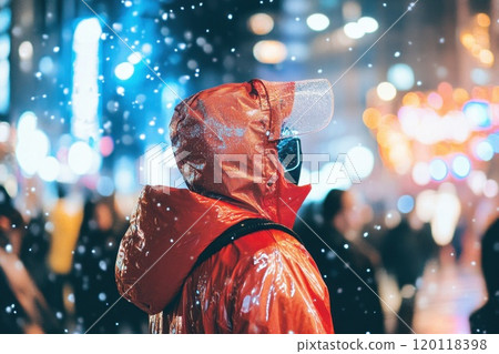 Person in red coat walks snowy streets 120118398