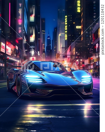 Futuristic car driving through a neon-lit cityscape at night for sci-fi theme 120118432