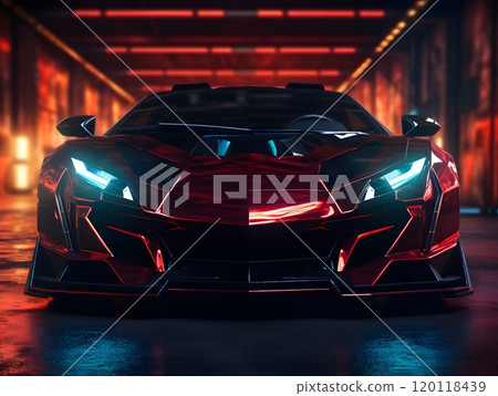 Futuristic red and black sports car concept in dramatic lighting for design inspiration 120118439