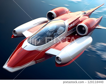 Futuristic red and white jet in flight - sci-fi concept for print or digital media Futuristic red and white jet in flight - sci-fi concept for print or digital media 120118440