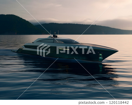 Luxurious modern yacht at sunset on serene water for maritime design and travel inspiration 120118442