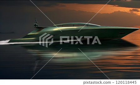 Luxury yacht at sunset: sleek modern design on tranquil waters 120118445
