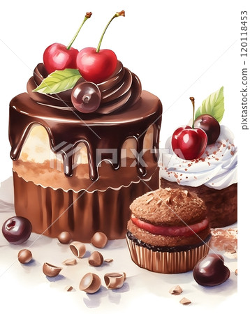 Decadent chocolate cake and cupcakes illustration with cherries Decadent chocolate cake and cupcakes illustration with cherries 120118453