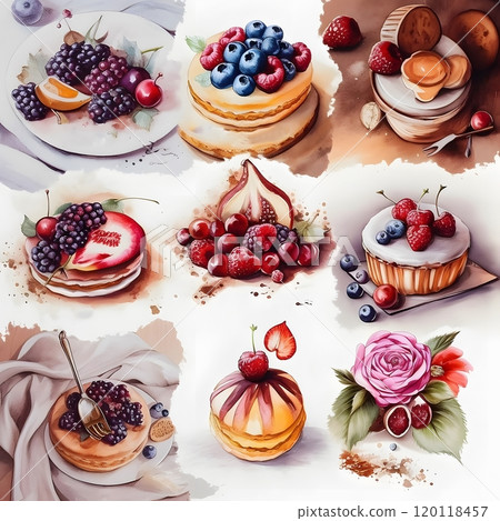 Delicious dessert assortment in watercolor: artistic food illustration for decor and design 120118457