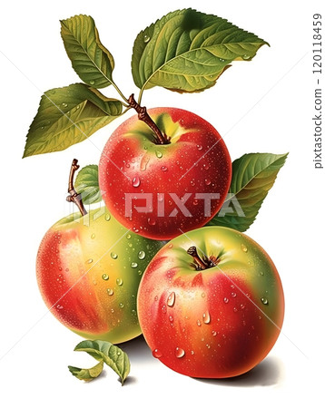 Digital render of three apples on a branch with dewdrops for print design 120118459