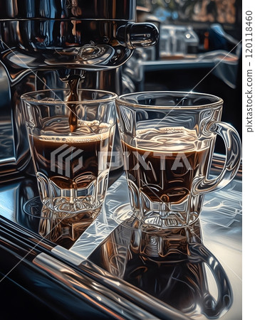 Elegant pouring of coffee into glass cups for cafe ambiance and beverage art 120118460
