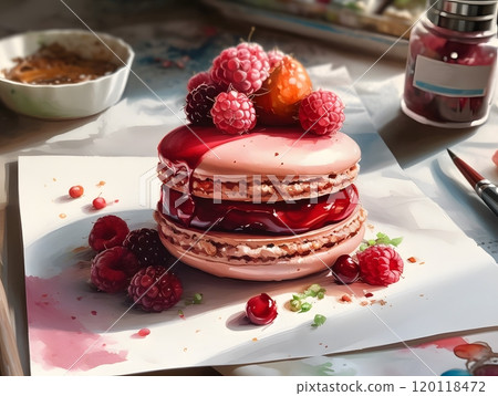 Raspberry topped pastry delight: perfect for kitchen art and culinary inspiration 120118472