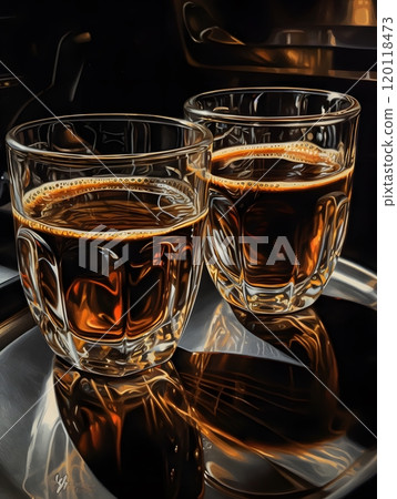 Rich coffee pour two cups of freshly brewed beverage for cafe decor and kitchen art 120118473