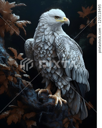 Majestic white-winged eagle on tree branch in autumn forest 120118495
