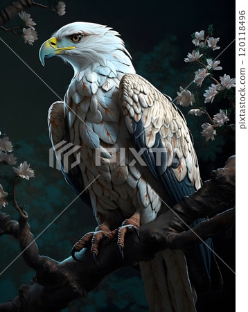 Majestic white-winged eagle perched on blossoming tree branch - nature and wildlife photography 120118496