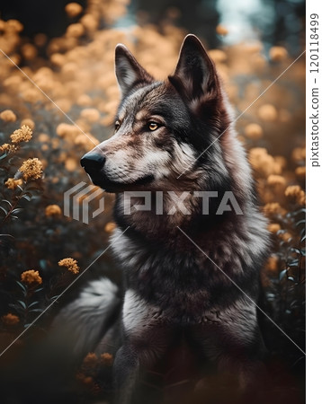 Majestic wolf in bloom: wildlife portrait in floral field for nature photography Majestic wolf in bloom: wildlife portrait in floral field for nature photography 120118499