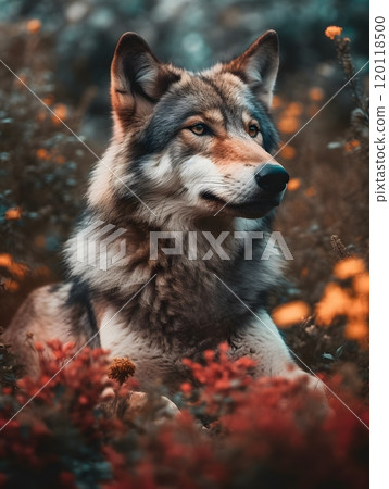 Majestic wolf in vibrant spring flower field - nature's serenity Majestic wolf in vibrant spring flower field - nature's serenity 120118500