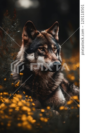 Majestic wolf resting in a field of wildflowers - nature wildlife photography 120118501