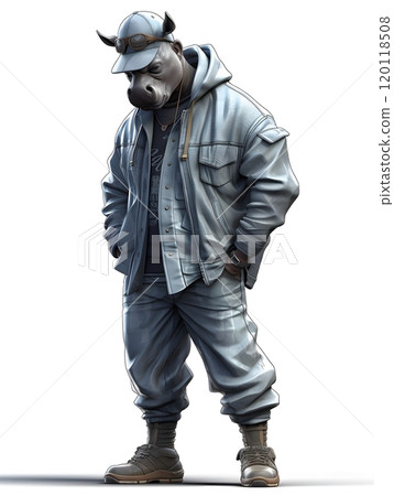Stylish rhino in denim outfit with hat and scarf for urban fashion design 120118508