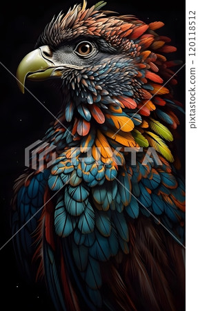 Vibrant feathered bird portrait with colorful plumage art illustration 120118512
