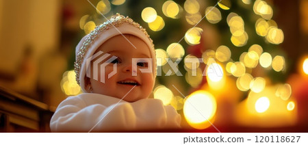 Baby smiling with festive lights in the background 120118627