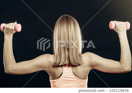 Fitness sporty girl lifting weights back view Fitness sporty girl lifting weights back view 120118656