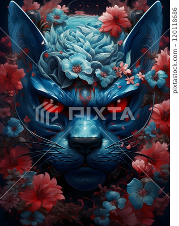 Blue demon cat with red eyes surrounded by vibrant flowers - vector art for design Blue demon cat with red eyes surrounded by vibrant flowers - vector art for design 120118686
