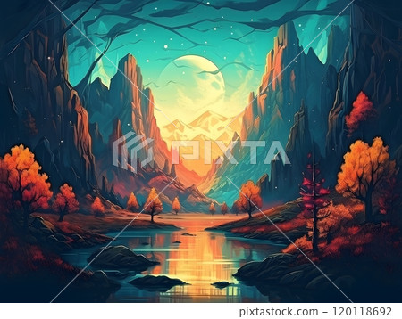 Enchanting night scene with full moon over mountainous landscape Enchanting night scene with full moon over mountainous landscape 120118692