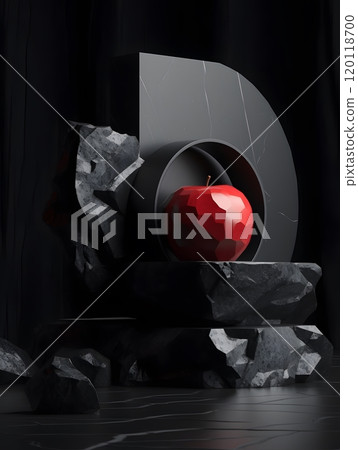 Modern still life: geometric red apple sculpture on rocky base for artistic display Modern still life: geometric red apple sculpture on rocky base for artistic display 120118700