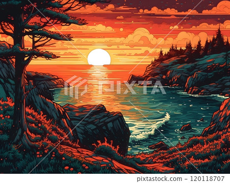 Serene sunset over ocean - vibrant landscape painting by dan mum Serene sunset over ocean - vibrant landscape painting by dan mum 120118707