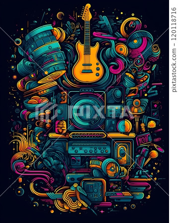 Vibrant music collection on black background: instruments and audio gear illustration Vibrant music collection on black background: instruments and audio gear illustration 120118716