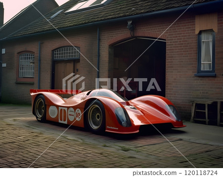 Red race car parked in front of brick garage for automotive design inspiration Red race car parked in front of brick garage for automotive design inspiration 120118724