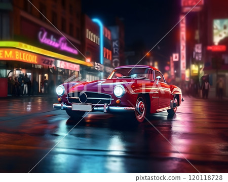 Vintage car driving through neon-lit city streets at night - 3d render for poster design Vintage car driving through neon-lit city streets at night - 3d render for poster design 120118728