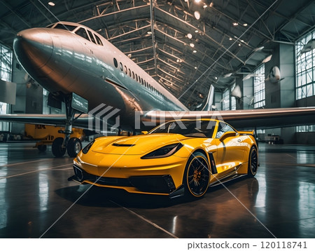 Luxury yellow sports car parked in front of airplane inside hangar Luxury yellow sports car parked in front of airplane inside hangar 120118741