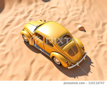 Retro yellow car on sandy beach - vintage summer adventure concept Retro yellow car on sandy beach - vintage summer adventure concept 120118747