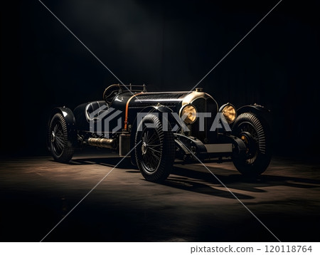 Vintage car portrait in dark room - classic automobile elegance and design 120118764