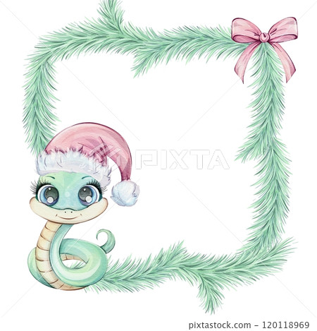 Green snake in red Santa hat with tree branch and pink bow. Watercolor frame in cartoon style, isolated. Arrangements for labels. Cute illustration, chinese symbol of new year 2025. Clip art of Green snake in red Santa hat with tree branch and pink bow. Watercolor frame in cartoon style, isolated. Arrangements for labels. Cute illustration, chinese symbol of new year 2025. Clip art of 120118969