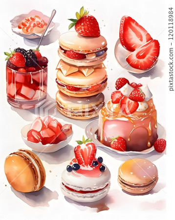 Assorted pastries and desserts with fresh strawberries and macarons for culinary art Assorted pastries and desserts with fresh strawberries and macarons for culinary art 120118984