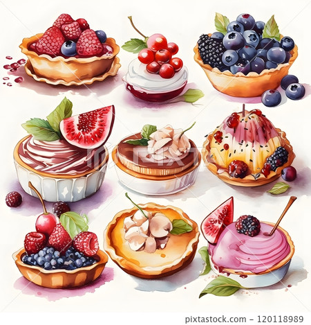 Colorful watercolor illustration of diverse desserts for culinary art and design Colorful watercolor illustration of diverse desserts for culinary art and design 120118989