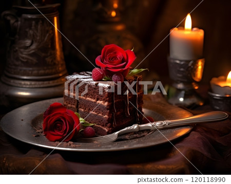 Decadent chocolate cake with roses and raspberries - elegant dining still life Decadent chocolate cake with roses and raspberries - elegant dining still life 120118990