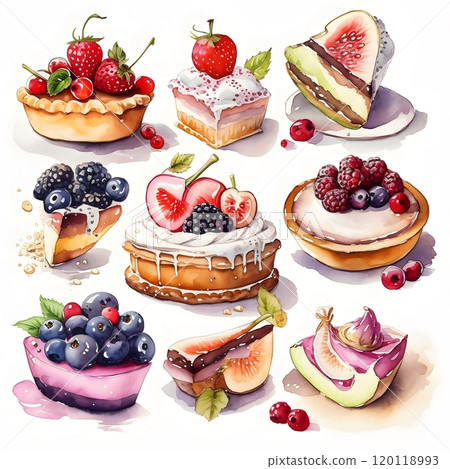 Delicious dessert variety in watercolor for culinary art and design 120118993
