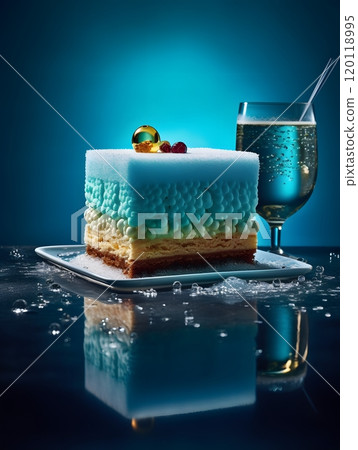 Elegant dessert with blue cake and sparkling drink for special occasions Elegant dessert with blue cake and sparkling drink for special occasions 120118995