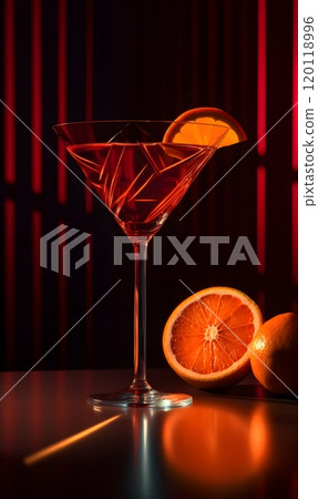 Elegant martini glass with orange slice on modern bar table setting 120118996