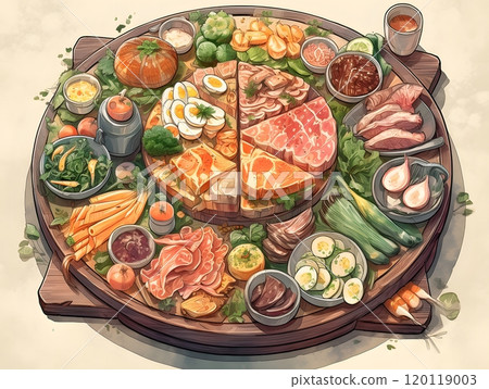 Gourmet platter with assorted meats, vegetables, and cheeses Gourmet platter with assorted meats, vegetables, and cheeses 120119003