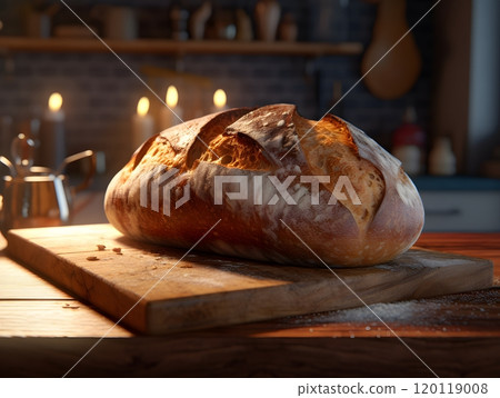 Rustic artisan bread on wooden cutting board with warm candlelight ambience 120119008