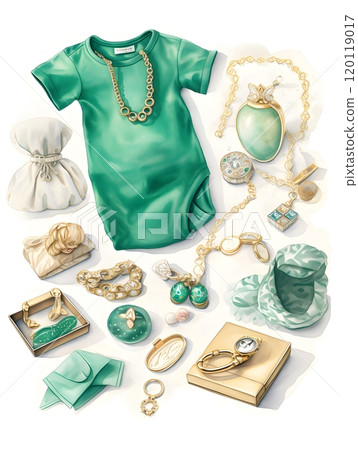 Chic baby accessories with jewelry in watercolor style for elegant card design 120119017