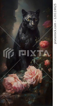 Elegant panther among vibrant roses: exploring nature's majesty and beauty in art Elegant panther among vibrant roses: exploring nature's majesty and beauty in art 120119025