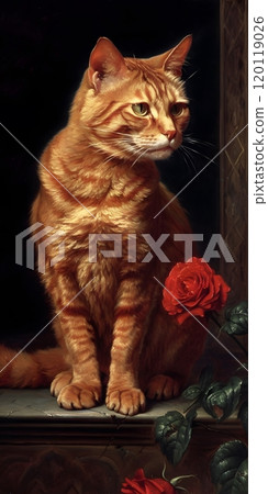 Elegant red cat sitting by a rose with classic painting style 120119026